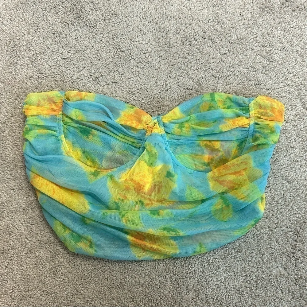 Zara blue yellow floral flower ruched strapless bandeau bustier crop top L NWT - Picture 6 of 15